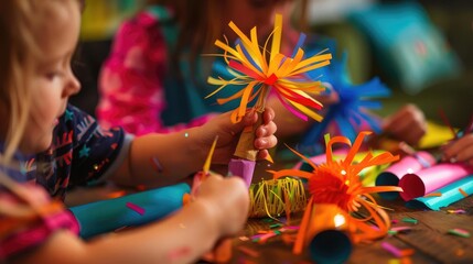 Fireworks CraftingChildren and families making craft versions of fireworks using paper, glitter, and other materials