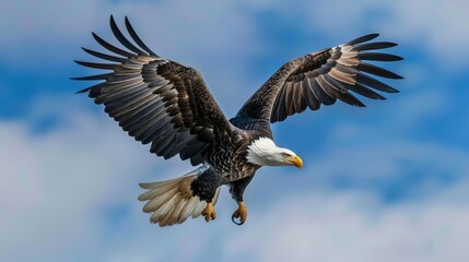 A majestic bald eagle in flight with its wings spread wide against a blue sky.