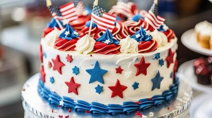 Patriotic Cakes and DessertsImages of red, white, and blue themed cakes, cupcakes, and other desserts, often decorated with American flags, stars, and stripes