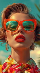 Fototapeta premium Retro style pastel colors summer background. Fashion woman wearing big sunglasses.