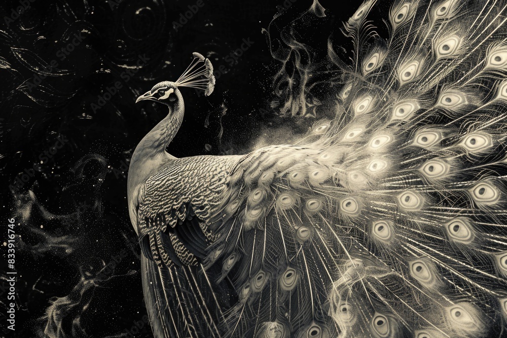 Poster a close-up of a peacock's feathers in monochrome, highlighting their intricate patterns