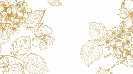 Hydrangeas floral, luxury botanical on white background vector, empty space in the middle to leave room for text or logo, gold line wallpaper, leaves, flower, foliage, hand drawn