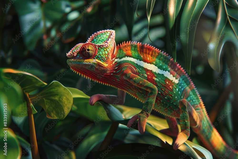 Poster A colorful chameleon sits on top of a large leaf, blending in with its surroundings