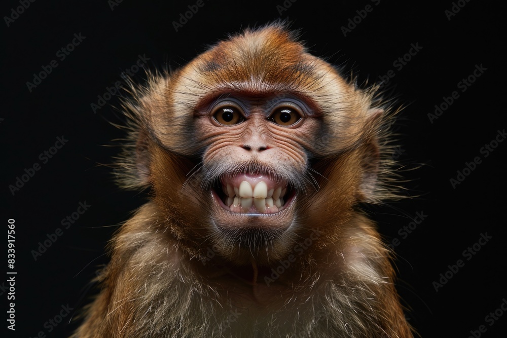 Poster a close-up view of a monkey's open mouth, perfect for illustrating animal behavior or scientific con