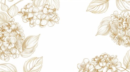 Hydrangeas floral, luxury botanical on white background vector, empty space in the middle to leave room for text or logo, gold line wallpaper, leaves, flower, foliage, hand drawn