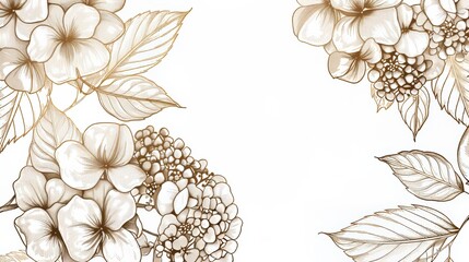 Hydrangeas floral, luxury botanical on white background vector, empty space in the middle to leave room for text or logo, gold line wallpaper, leaves, flower, foliage, hand drawn