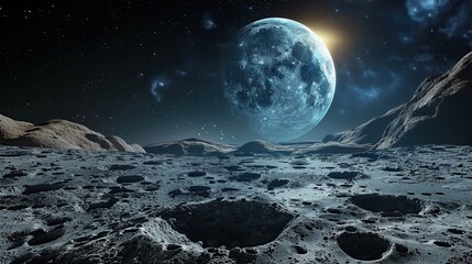 Obraz premium Alien planet landscape with craters and large moon in the sky