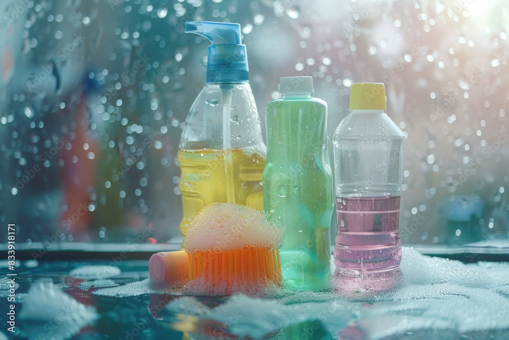 Poster group of water bottles on a window sill