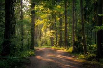 Obraz premium Serene Forest Path with Dappled Sunlight Filtering Through Verdant Trees