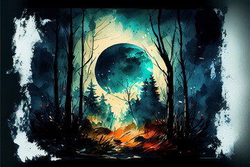 Fototapeta premium Mystical night landscape, forest and huge moon in the background. Watercolor illustration.