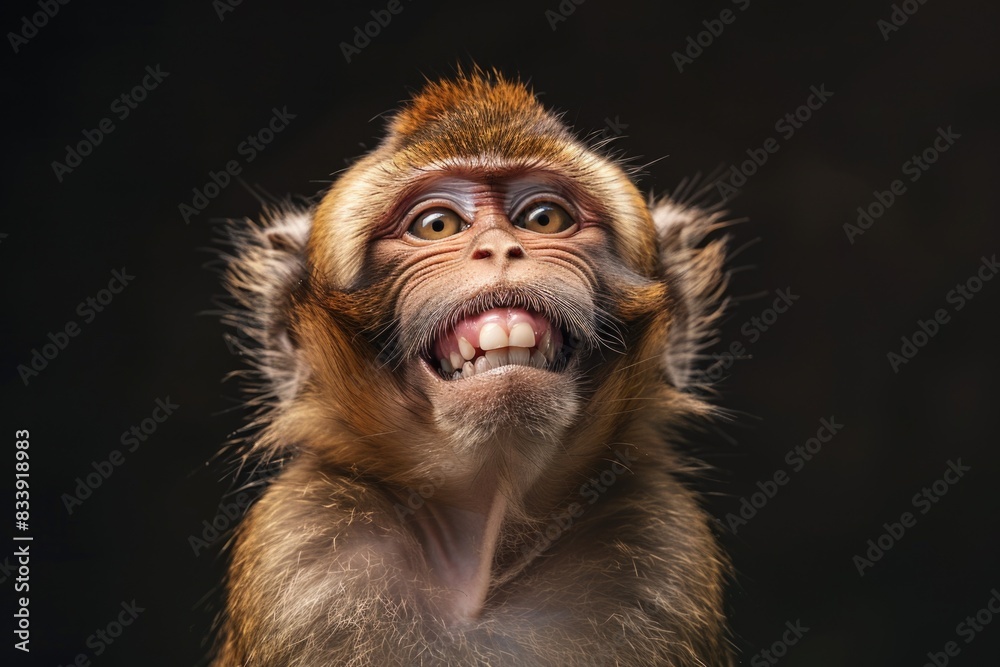 Poster a close-up shot of a monkey's face with its mouth open, ideal for use in wildlife or animal-related 