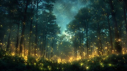 An enchanting nighttime scene, twinkling fireflies across a dark forest backdrop, mysterious and magical, vibrant green and yellow glows, high contrast, hd quality.