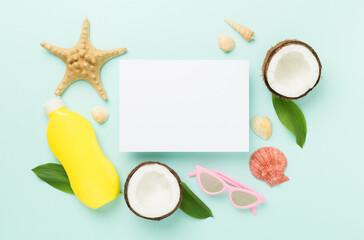 Summer banner with coconut and sea shells on color background. Vacation concept