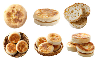 English breakfast muffin bread on transparent cutout, PNG file. Many assorted different angles, stack, basket, slice, top view. Mockup template for artwork