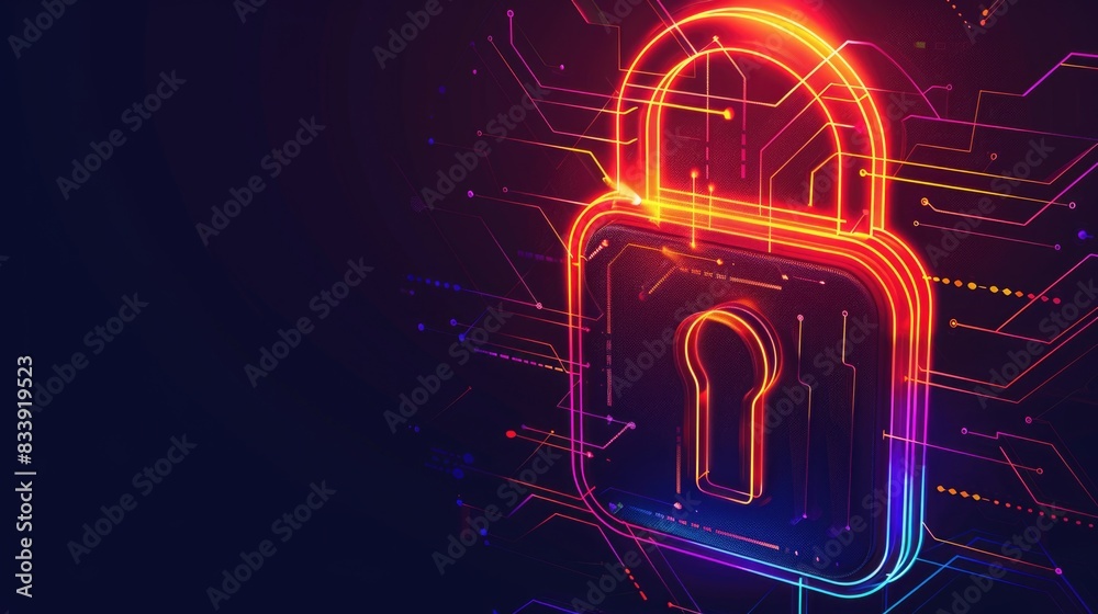 Poster A single padlock with a glowing effect on a dark background