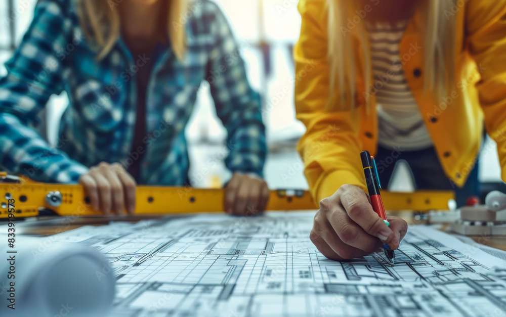 Aufkleber An engineer and three people were discussing construction plans around the table, focusing their attention on professional design drawings and the concept of project management. Generative AI.