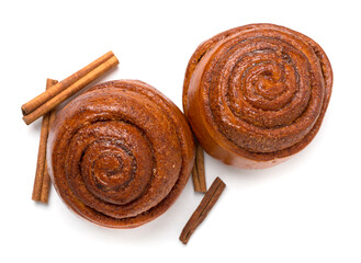 Sweet cinnamon rolls isolated on white ,top view