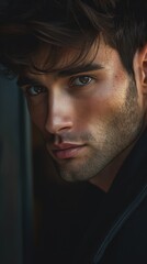 Obraz premium A close-up portrait of a mans face, showcasing his intense green eyes and dark hair