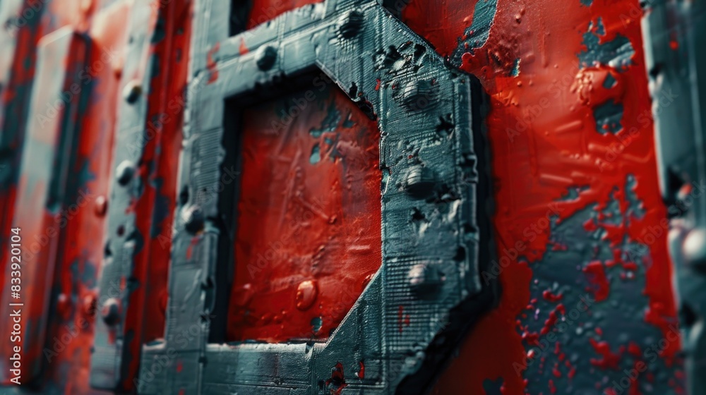 Poster a detailed view of a bright red door with a metal frame, ideal for use in photography or design proj
