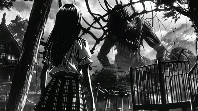 black and white video  loop of a manga school girl, horror monster in a school building, lofi anime illustration  