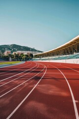 A runner in action on a red track inside a stadium surrounded by majestic mountains