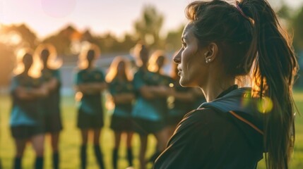 Motivational Female Athlete Inspiring Teammates with Pre-Game Pep Talk