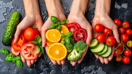 Three hands holding assorted fresh fruits and vegetables including tomatoes, cucumber, oranges, basil, broccoli, and cherry tomatoes. - Powered by Adobe