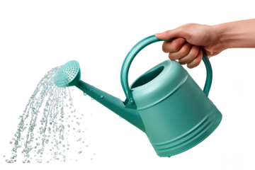 A blue plastic watering can in hand isolated on a white or transparent background. Close-up of the watering can in hand, watering plants, flowers, and seedlings, side view. Graphic design element.