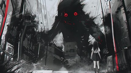 black and white video  loop of a manga school girl, horror monster in a school building, lofi anime illustration  