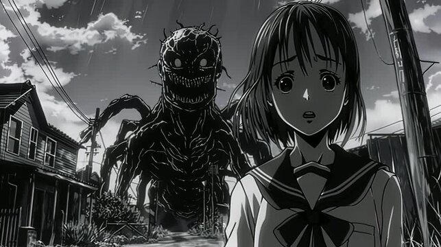black and white video  loop of a manga school girl, horror monster in a school building, lofi anime illustration  