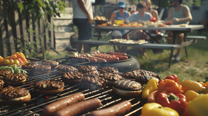 A backyard barbecue with a grill full of sizzling burgers, hot dogs, and vegetables. Friends and family gather around a picnic table, enjoying the food and summer warm weather