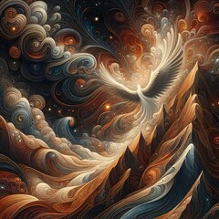 This image features a majestic bird soaring over swirling, abstract mountains and clouds, with a vibrant color palette of blues, oranges, and whites, creating a dynamic and mystical scene.