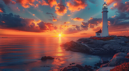 Most gorgeous lighthouse and sunset ever. Generative AI. © visoot