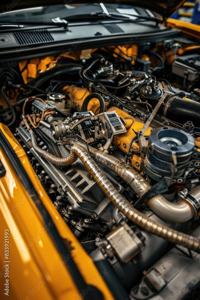 Poster a detailed shot of the engine of a bright yellow car, ideal for use in automotive or design contexts