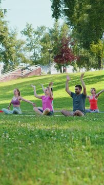 Vertical Screen: Diverse group practicing twist poses, bending to side then relaxing in lotus position with hands on knees on green grass in sunny summer park