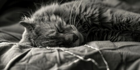 A black and white photograph of a cat sleeping, great for use in editorial or advertising content - Powered by Adobe