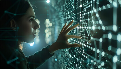 Digital neural network.Business woman hand touching Introduction of artificial intelligence. Cyberspace of future