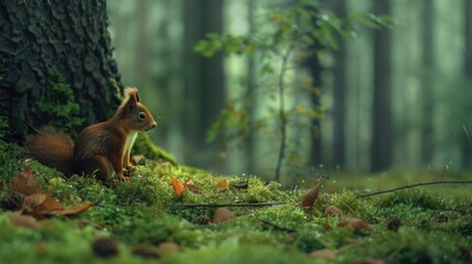 A squirrel sitting on the ground next to a tree, possibly searching for nuts or taking a break - Powered by Adobe