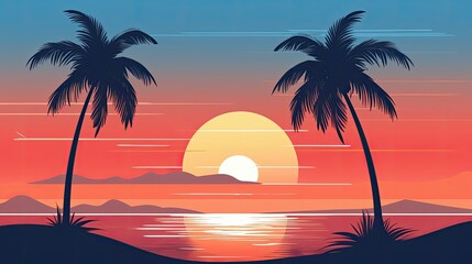 A simple illustration of two palm trees on the beach with a blue sea and red sun in the sky