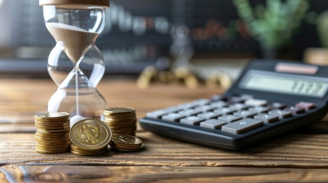 Financial business plan. Time investment concept with currency coin in glass jar, Calculator and hourglass on table. Compound interest rate calculation