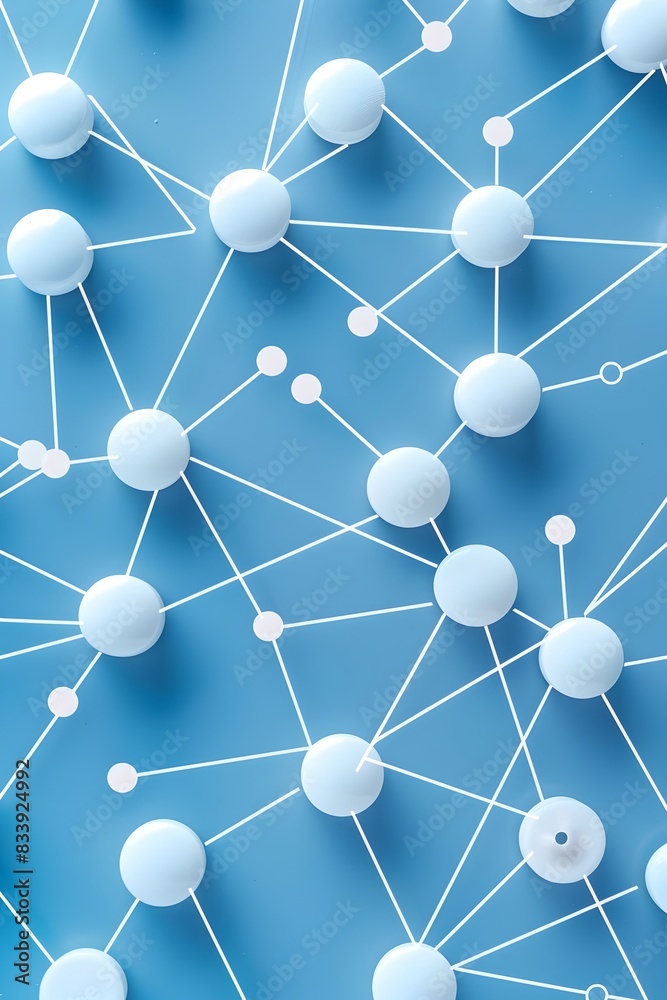 Poster a blue background with many white lines connecting small round pills in the center of each line, cre