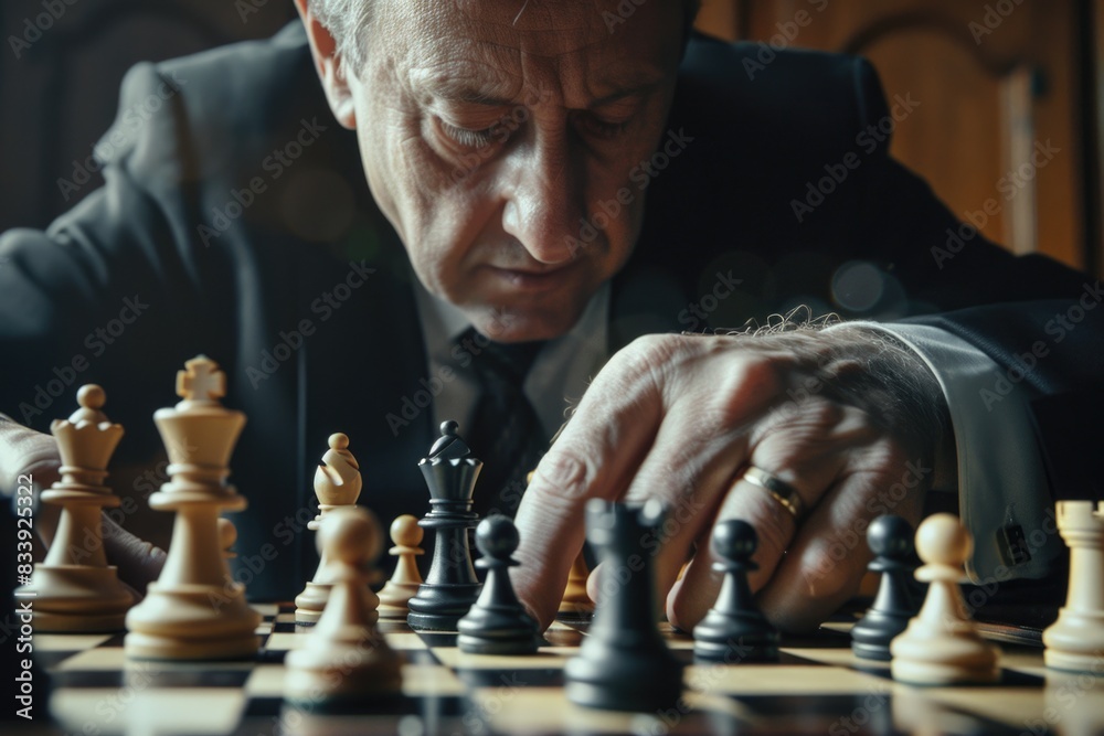 Poster a man in a suit playing a game of chess