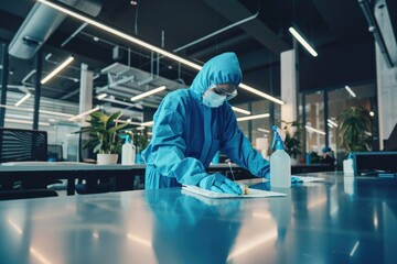 A person wearing a protective suit and mask cleaning a table - Powered by Adobe