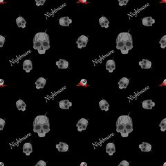 background butter flyHalloween skull Vectors. Halloween seamless pattern. Skeleton Skull of death with Zombie bone hand  and Eyes falling out of their sockets. Nightmare text  for scares. Skelton on b
