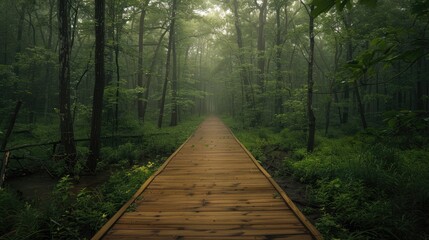 Obraz premium Cinematic Photography Capturing Boardwalk Amidst Forest Trees