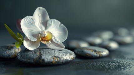 A white flower sits atop a pile of rocks, with a simple yet striking arrangement