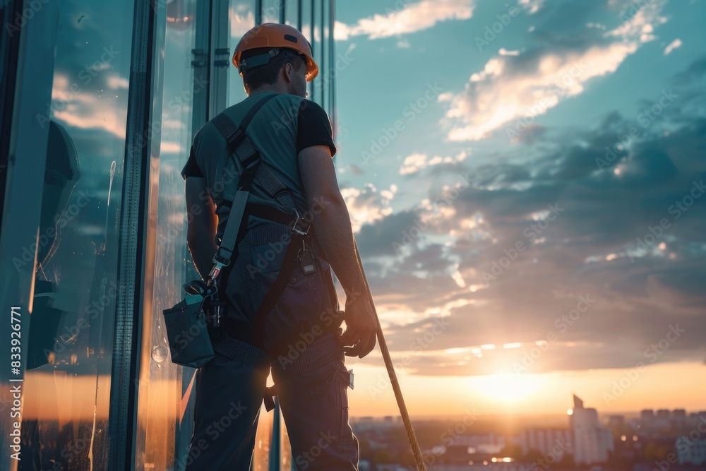 Poster a construction worker stands at the side of a building during work hours
