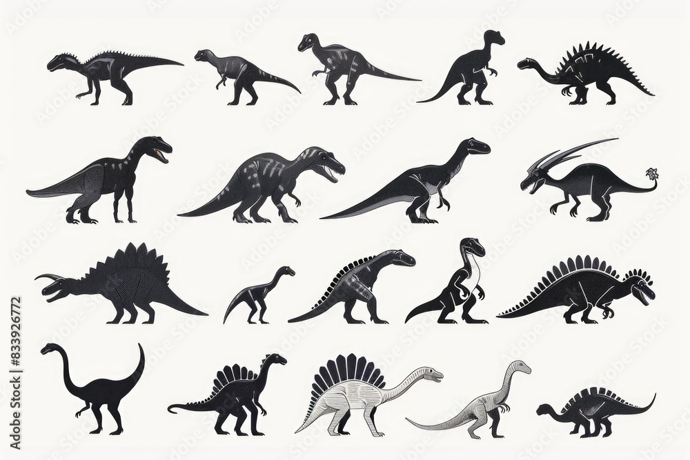 Poster a collection of different dinosaur species on a plain white background, ideal for illustrations and 