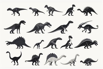 A collection of different dinosaur species on a plain white background, ideal for illustrations and educational materials