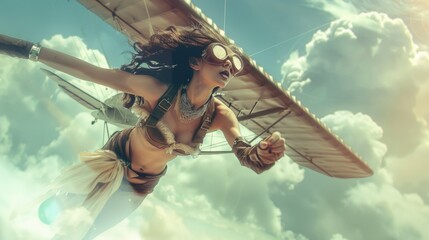 A person in a swimsuit and goggles is piloting an airplane, great for adventure or travel themed content